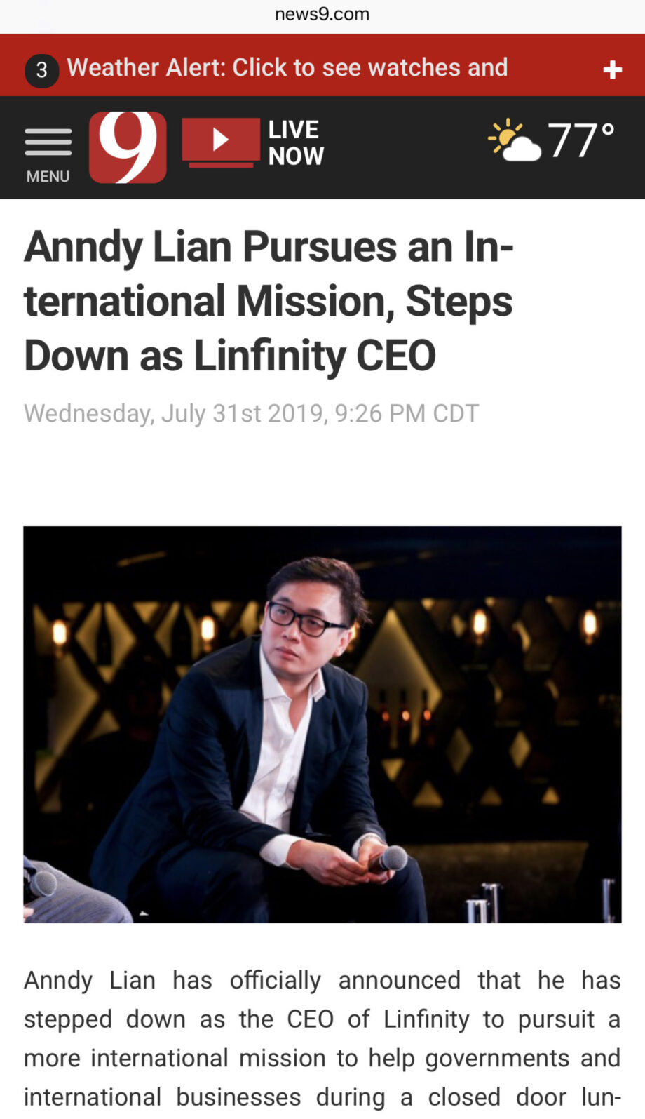 News9/ Anndy Lian Steps Down as Linfinity CEO, Pursues an International Mission,