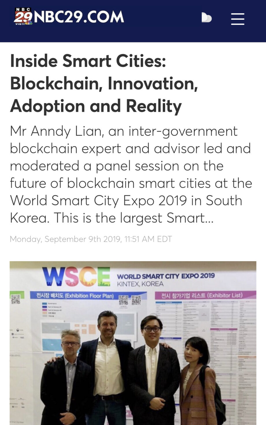 NBC News: Anndy Lian spoke at the World Smart City Expo 2019 in South Korea