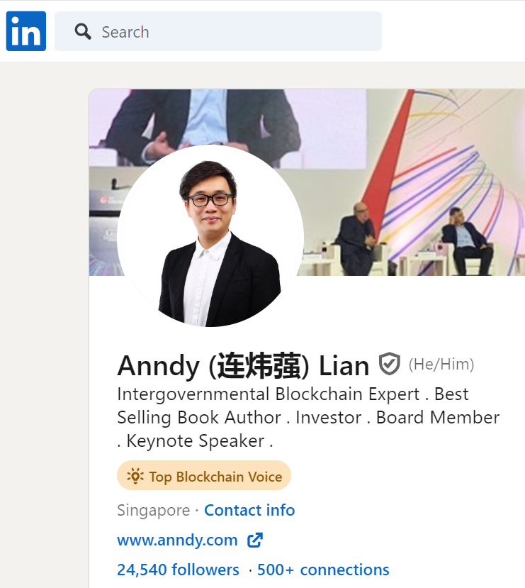 “Top Blockchain Voice” on Linkedin- Anndy Lian